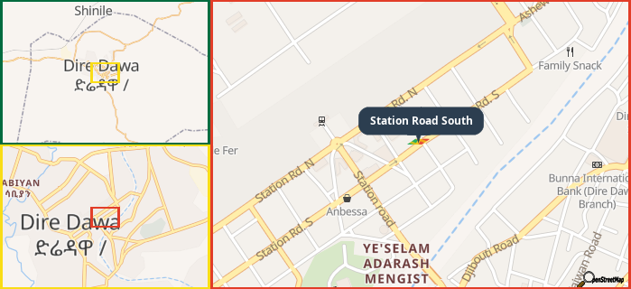 Map showing the address of Station Road South in three different zoom levels.