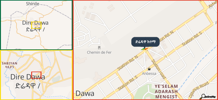 Map showing the address of ድሬዳዋ ከተማ in three different zoom levels.