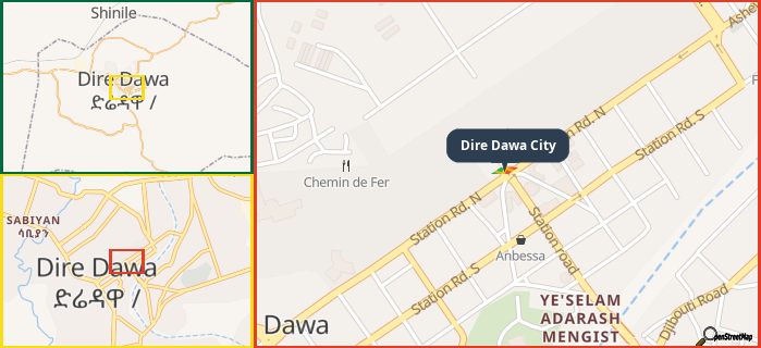 Map showing the address of Dire Dawa City in three different zoom levels.