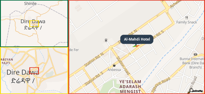 Map showing the address of Al-Mahdi Hotel in three different zoom levels.