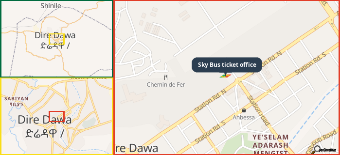 Map showing the address of Sky Bus ticket office in three different zoom levels.
