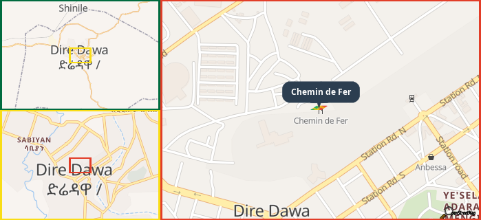 Map showing the address of Chemin de Fer in three different zoom levels.