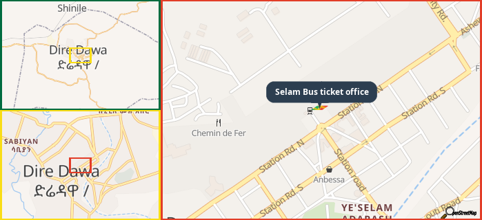 Map showing the address of Selam Bus ticket office in three different zoom levels.