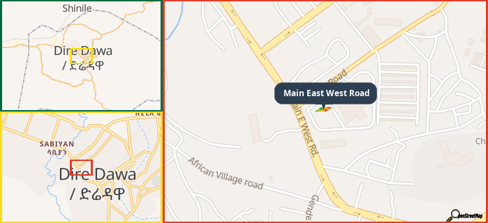 Map showing the address of Main East West Road in three different zoom levels.