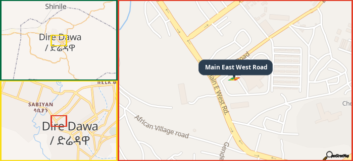 Map showing the address of Main East West Road in three different zoom levels.