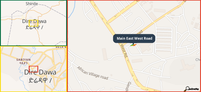 Map showing the address of Main East West Road in three different zoom levels.