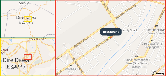 Map showing the address of Restaurant in three different zoom levels.