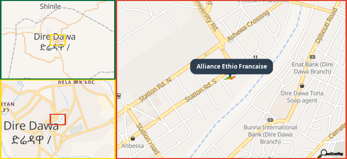 Map showing the address of Alliance Ethio Francaise in three different zoom levels.