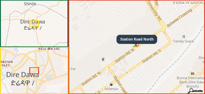 Map showing the address of Station Road North in three different zoom levels.