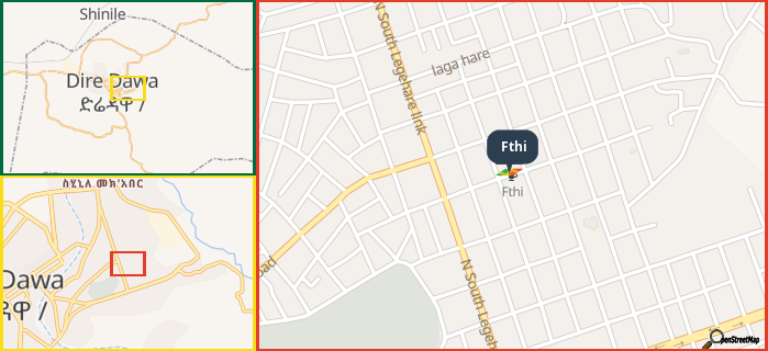 Map showing the address of Fthi in three different zoom levels.