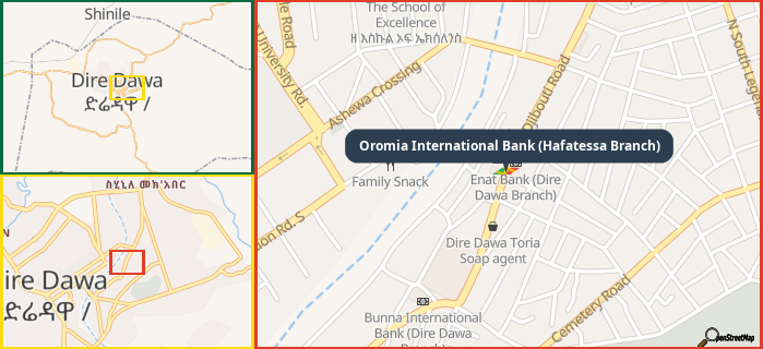 Map showing the address of Oromia International Bank (Hafatessa Branch) in three different zoom levels.
