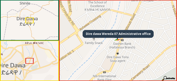 Map showing the address of Dire dawa Wereda 07 Administrative office in three different zoom levels.