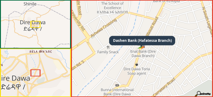 Map showing the address of Dashen Bank (Hafatessa Branch) in three different zoom levels.