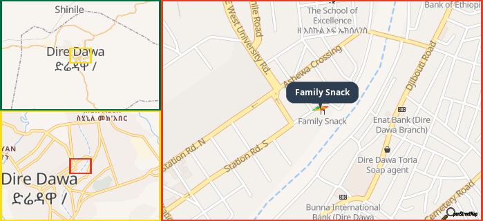 Map showing the address of Family Snack in three different zoom levels.