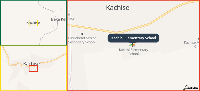 Map showing the address of Kachisi Elementary School in three different zoom levels.