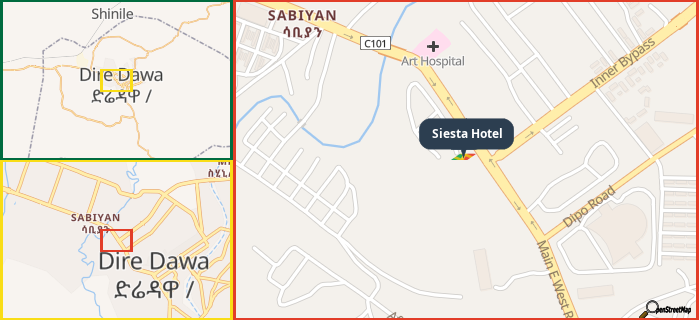 Map showing the address of Siesta Hotel in three different zoom levels.