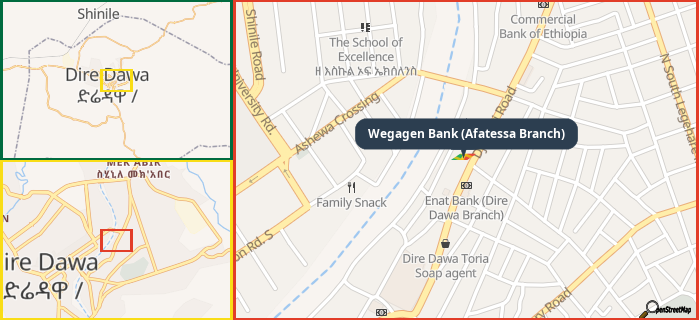 Map showing the address of Wegagen Bank (Afatessa Branch) in three different zoom levels.