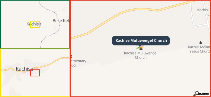 Map showing the address of Kachise Muluwengel Church in three different zoom levels.
