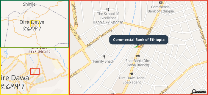 Map showing the address of Commercial Bank of Ethiopia in three different zoom levels.