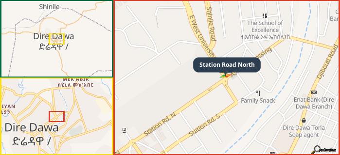 Map showing the address of Station Road North in three different zoom levels.