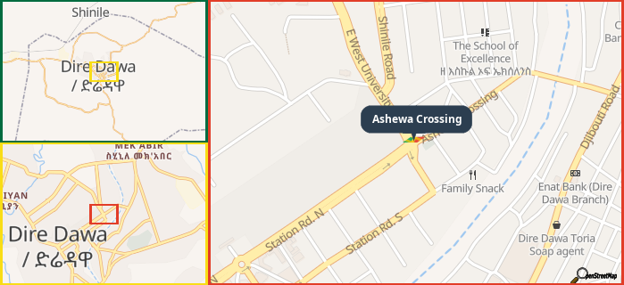 Map showing the address of Ashewa Crossing in three different zoom levels.