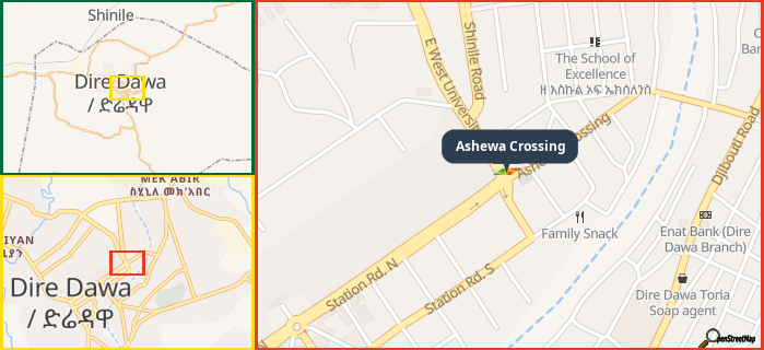 Map showing the address of Ashewa Crossing in three different zoom levels.