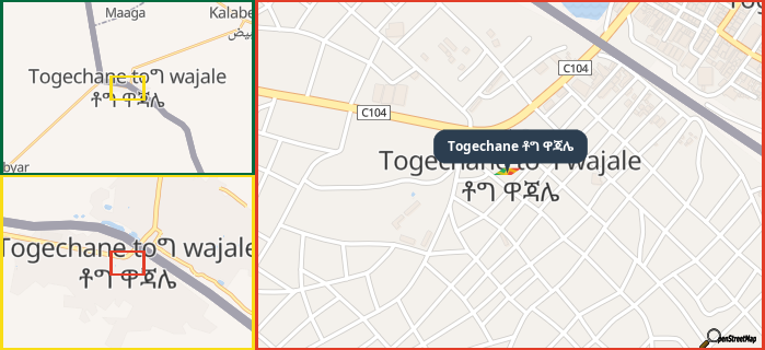 Map showing the address of Togechane ቶግ ዋጃሌ in three different zoom levels.