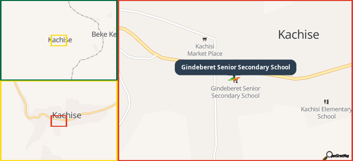 Map showing the address of Gindeberet Senior Secondary School in three different zoom levels.
