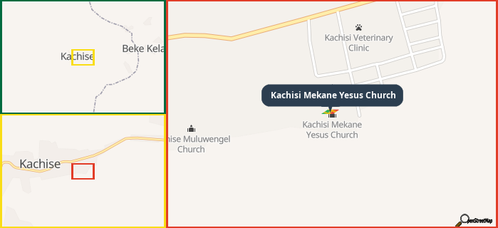 Map showing the address of Kachisi Mekane Yesus Church in three different zoom levels.