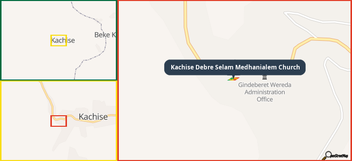 Map showing the address of Kachise Debre Selam Medhanialem Church in three different zoom levels.