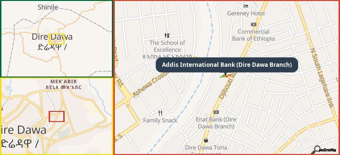 Map showing the address of Addis International Bank (Dire Dawa Branch) in three different zoom levels.
