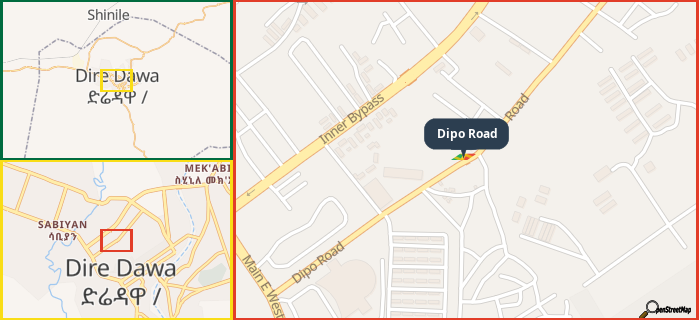 Map showing the address of Dipo Road in three different zoom levels.