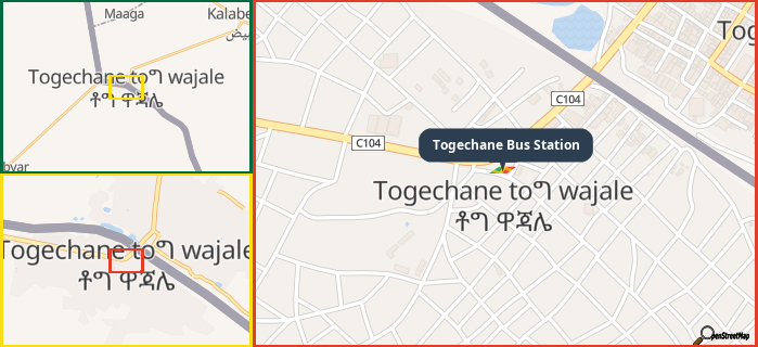 Map showing the address of Togechane Bus Station in three different zoom levels.