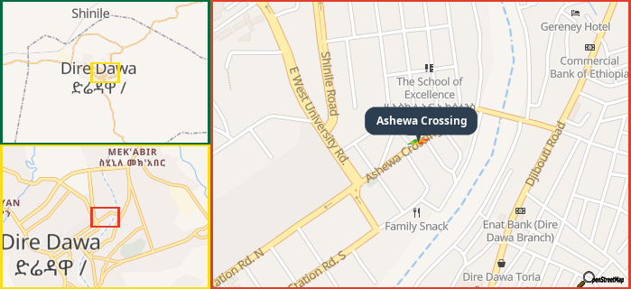 Map showing the address of Ashewa Crossing in three different zoom levels.