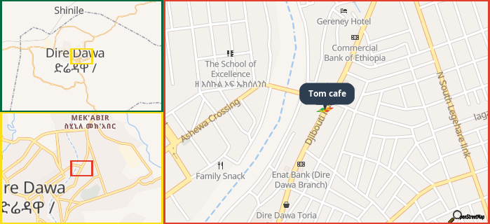Map showing the address of Tom cafe in three different zoom levels.