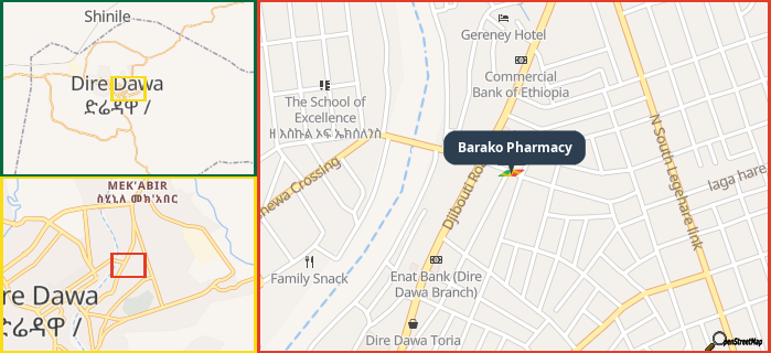 Map showing the address of Barako Pharmacy in three different zoom levels.