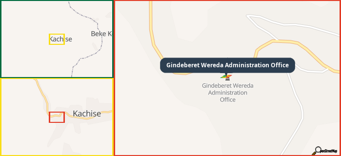 Map showing the address of Gindeberet Wereda Administration Office in three different zoom levels.