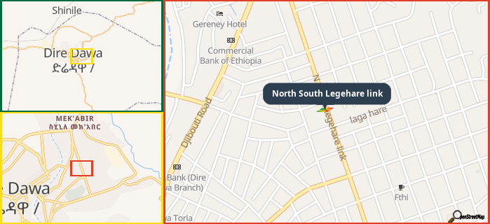 Map showing the address of North South Legehare link in three different zoom levels.