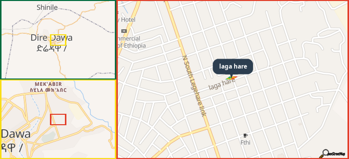 Map showing the address of laga hare in three different zoom levels.