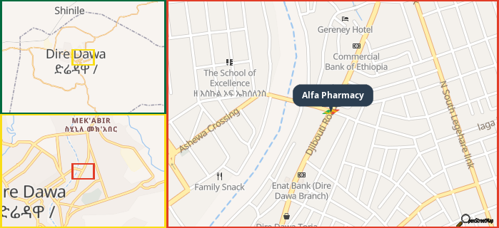 Map showing the address of Alfa Pharmacy in three different zoom levels.
