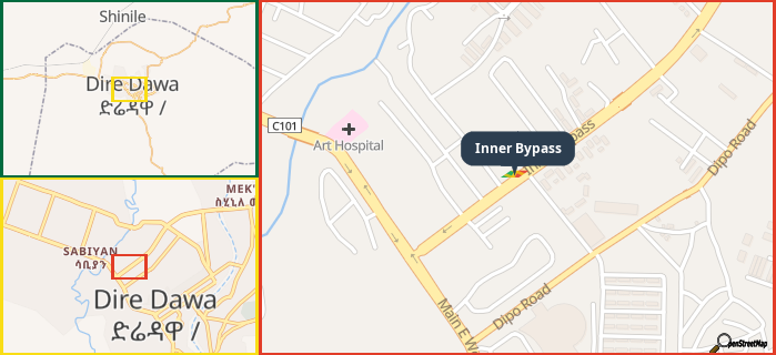 Map showing the address of Inner Bypass in three different zoom levels.