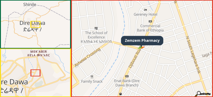 Map showing the address of Zemzem Pharmacy in three different zoom levels.