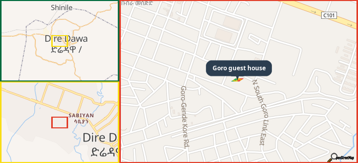 Map showing the address of Goro guest house in three different zoom levels.