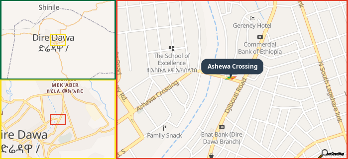 Map showing the address of Ashewa Crossing in three different zoom levels.