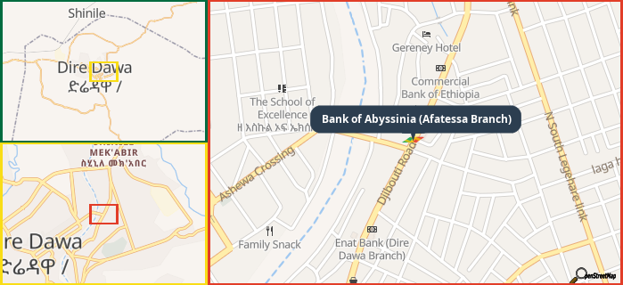 Map showing the address of Bank of Abyssinia (Afatessa Branch) in three different zoom levels.