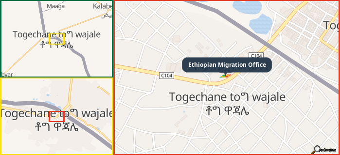 Map showing the address of Ethiopian Migration Office in three different zoom levels.