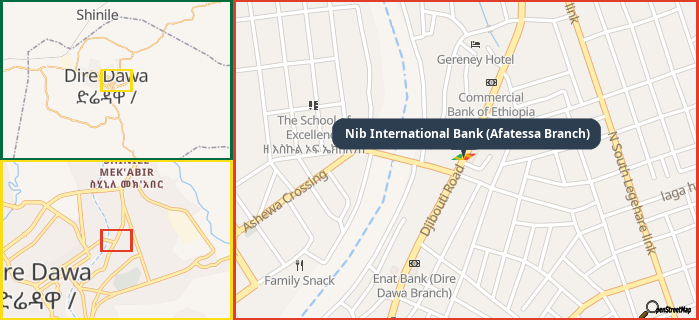Map showing the address of Nib International Bank (Afatessa Branch) in three different zoom levels.
