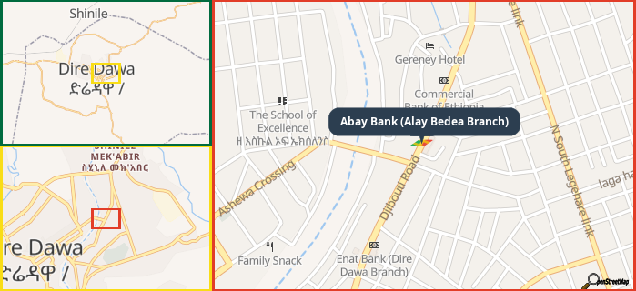 Map showing the address of Abay Bank (Alay Bedea Branch) in three different zoom levels.