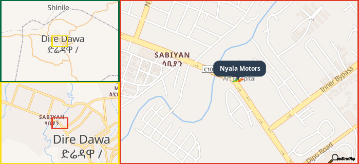 Map showing the address of Nyala Motors in three different zoom levels.