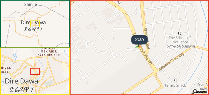 Map showing the address of ኦጋዴን in three different zoom levels.